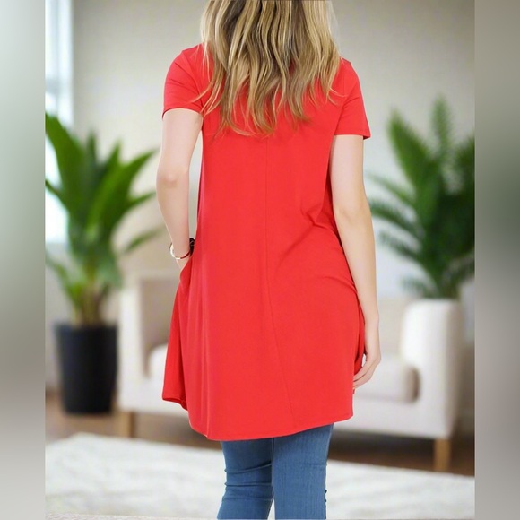 Small NEW Womens Red Pocket Shift Christmas Dress, Short Sleeve V-Neck Dress - Picture 3 of 6
